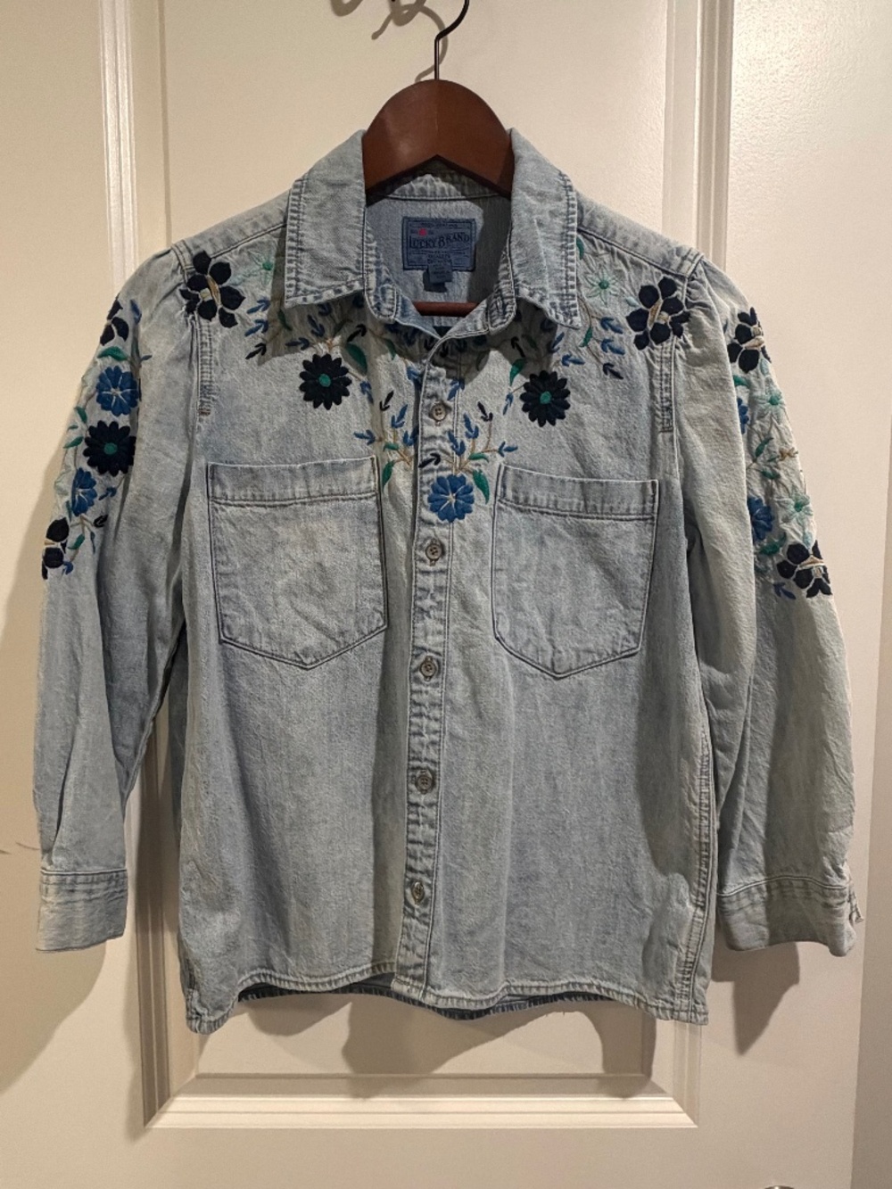 Lucky Brand Embroidered Denim Crop Puff Sleeve Boyfriend Shirt - XS